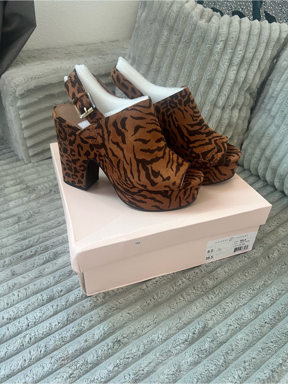 Chinese Laundry Platform Peep-Toe Slingback Sandals in Brown Tiger Print